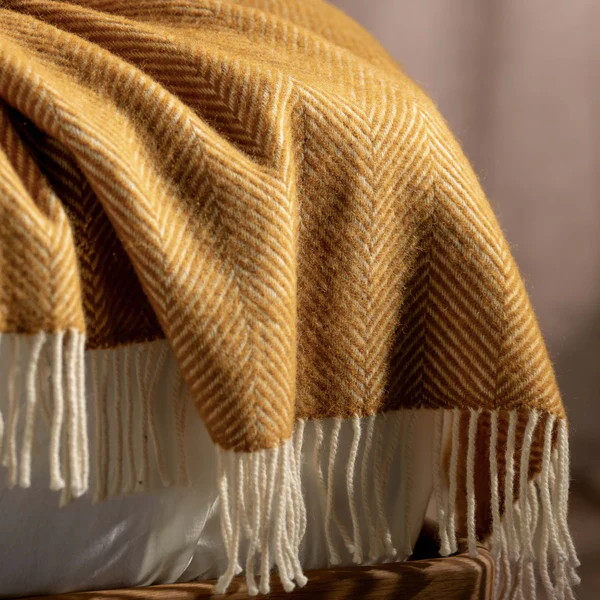 Mustard Herringbone Pure Wool Throws & Cushions - Image 3